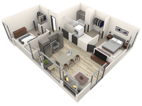 Floor plan for 2 beds, 2 baths, 1053 sqft